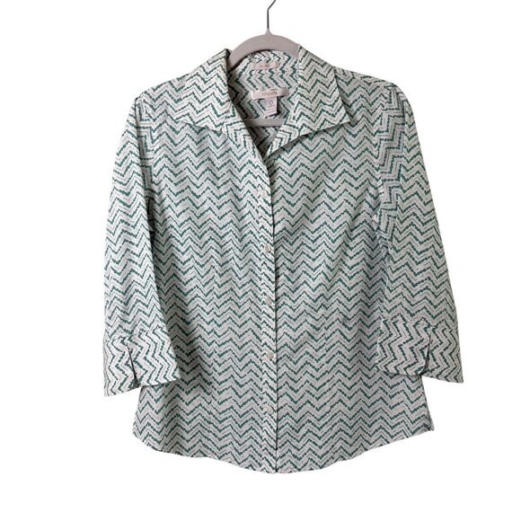 Chicos Button Up Top Size 0 US S Teal Green White Zig Zag 3/4 Sleeve No Iron - Picture 1 of 10